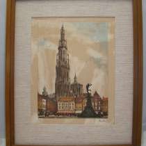 Картина гравюра акварель винтажная Антверпен (W449), в Москве