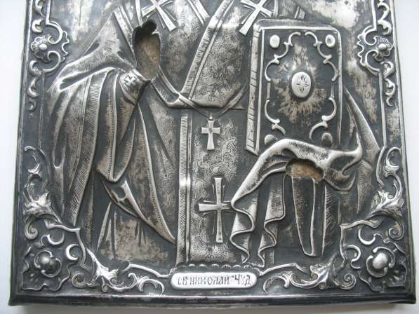 Икона, Николай Чудотворец. Оклад серебро 84,кованный в Москве фото 5