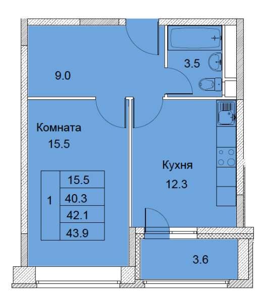 1-к квартира, улица Советская, дом 6, площадь 42,1, этаж 5