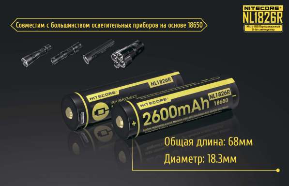 NiteCore Литий-ионный (Li-Ion) аккумулятор NiteCore NL1826R со встроенной зарядкой Micro-USB в Москве фото 3