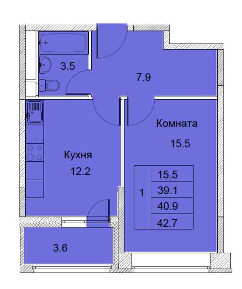 1-к квартира, улица Советская, дом 6, площадь 40,9, этаж 16