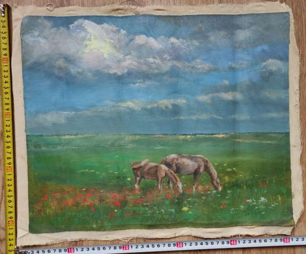 Картина Лошадки на лугу, холст, масло, старая в Ставрополе фото 3